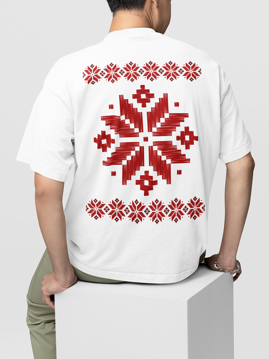 GEOMETRIC CROSS STITCH PATTERN PRINT- UNISEX OVERSIZED T-SHIRT WHITE