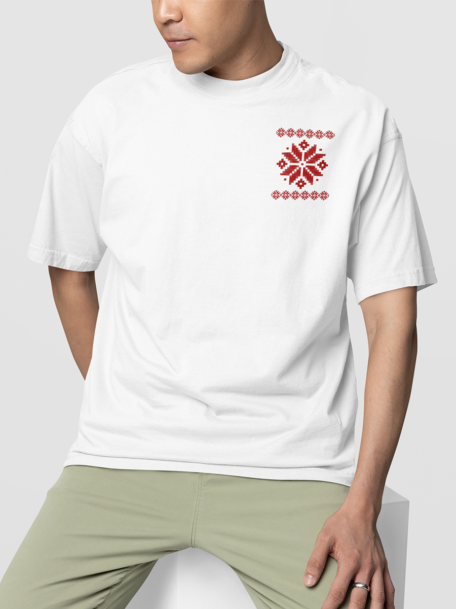 GEOMETRIC CROSS STITCH PATTERN PRINT- UNISEX OVERSIZED T-SHIRT WHITE
